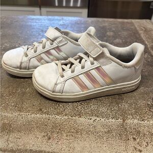 Adidas Kids White Sneakers with Iridescent Stripes